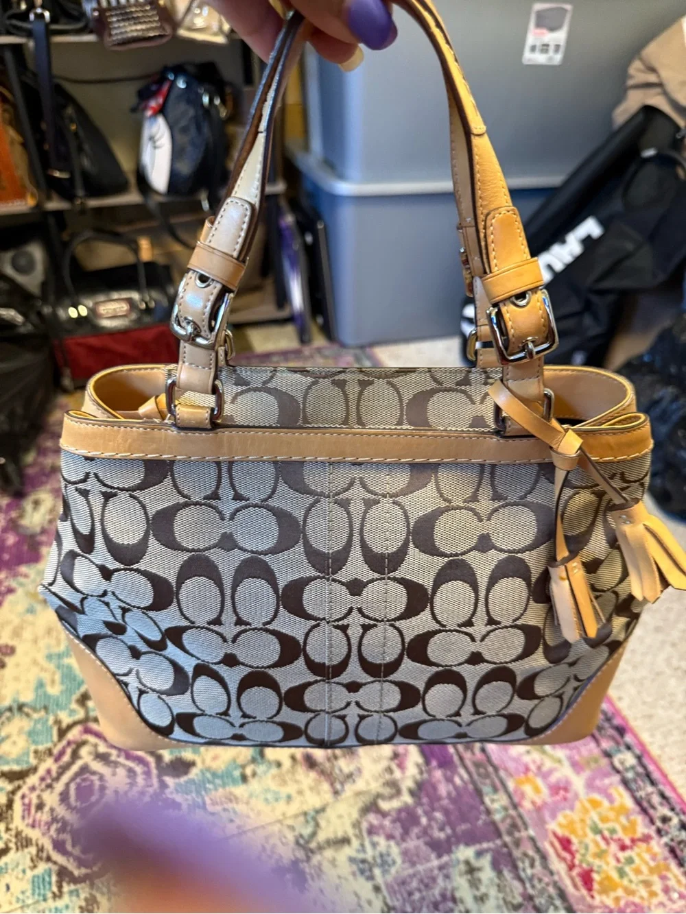 Coach Hamptons Vintage Signature Tote Bag Brown Jacquard Canvas Tan Leather